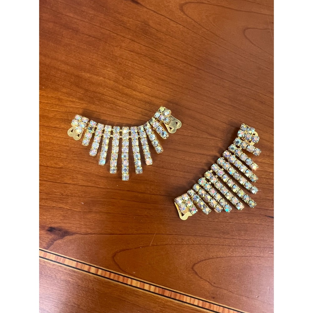Vintage Aurora Borealis Rhinestone Shoe Clips Gold Tone Waterfall Fringe Pair